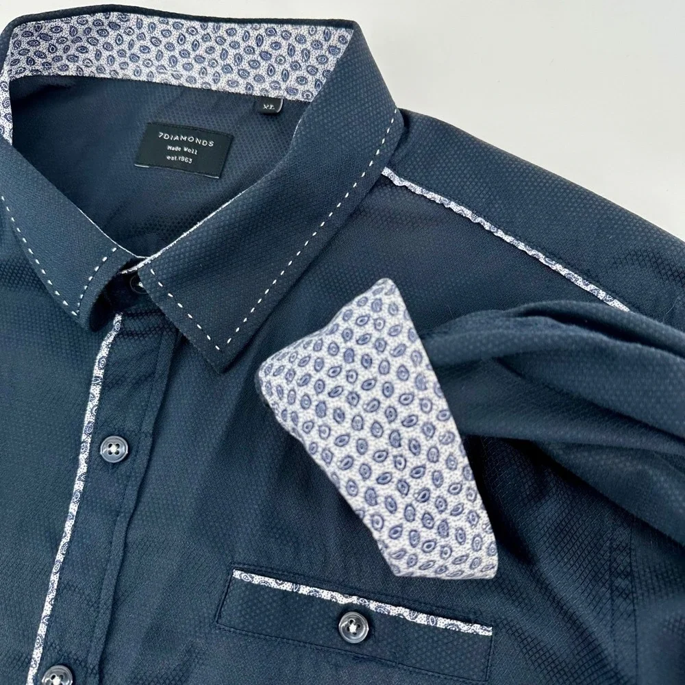 7 DIAMONDS Mens XL Dark Blue Textured Dress‎ Shirt Long Sleeve Button Up